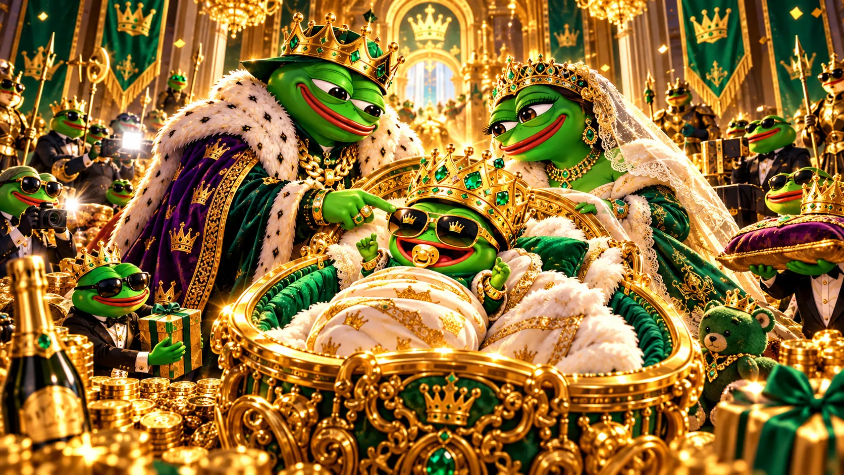 Baby Nepo in an extravagant gilded cradle with King Pepe, the queen and royal attendants